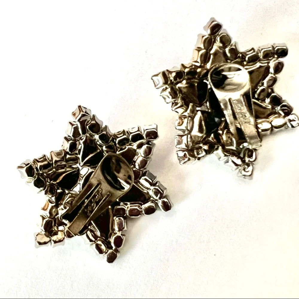 Vintage Designer LaRel Rhinestone Earrings Baby Blue Milk Glass Stars Ear Clips